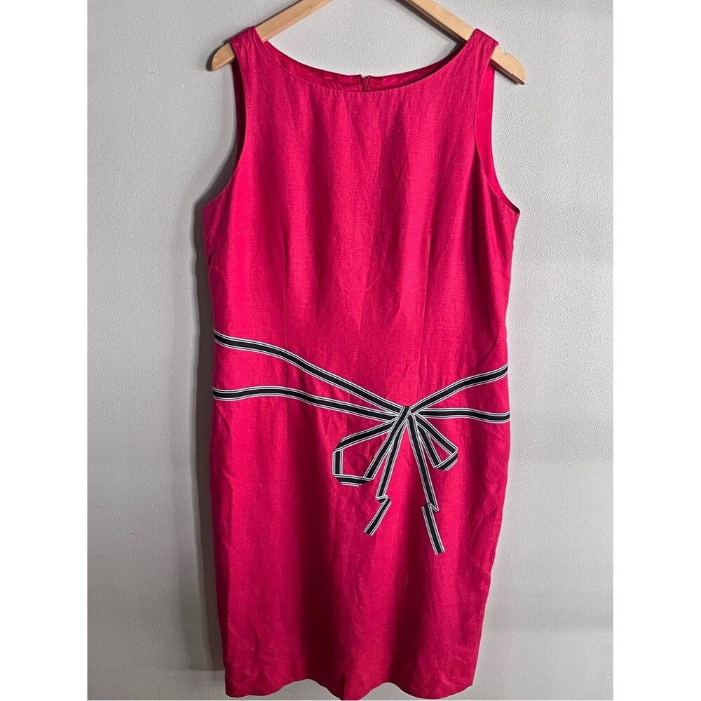 Red Linen Sheath Dress Black White Bow Sleeveless Preppy Size 14